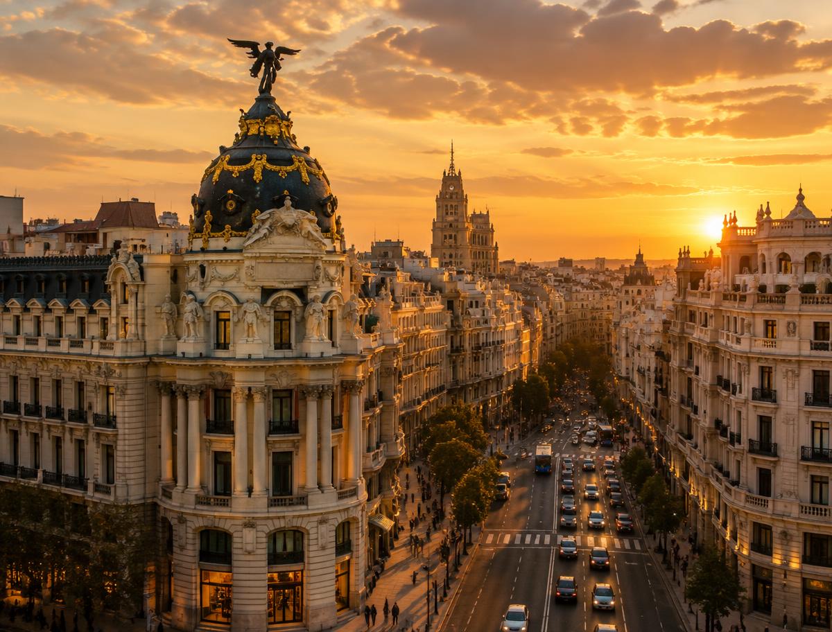 Fachadas de la Gran Vía de Madrid al atardecer